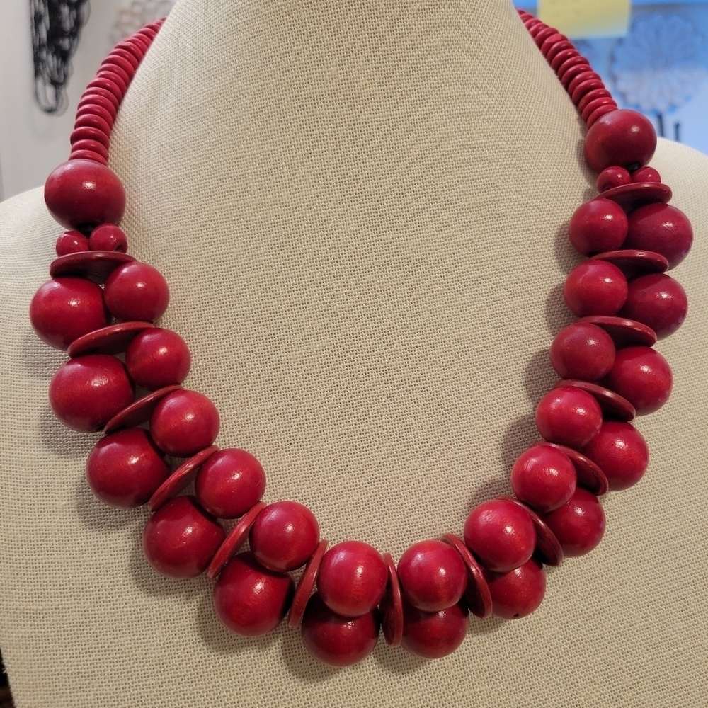 SALE! Cherry Red Beaded Wood Choker Style Necklace